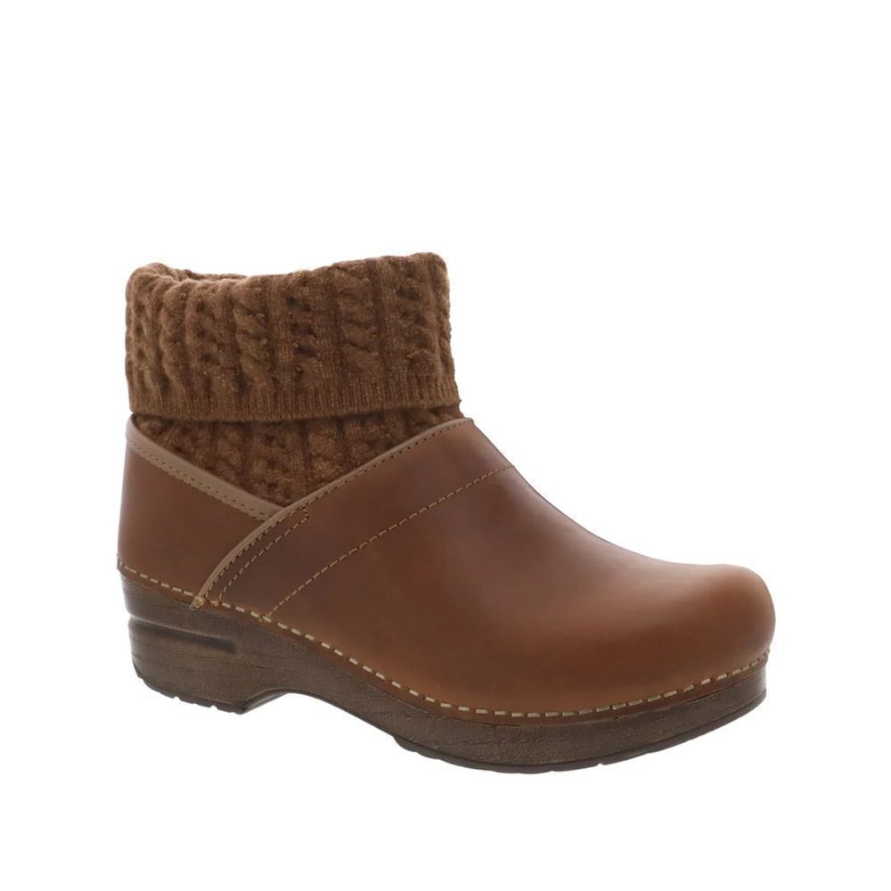 Dansko Chloe Clogs Brown 38 8 Leather w/Wool Cable Ankle Trim Unworn